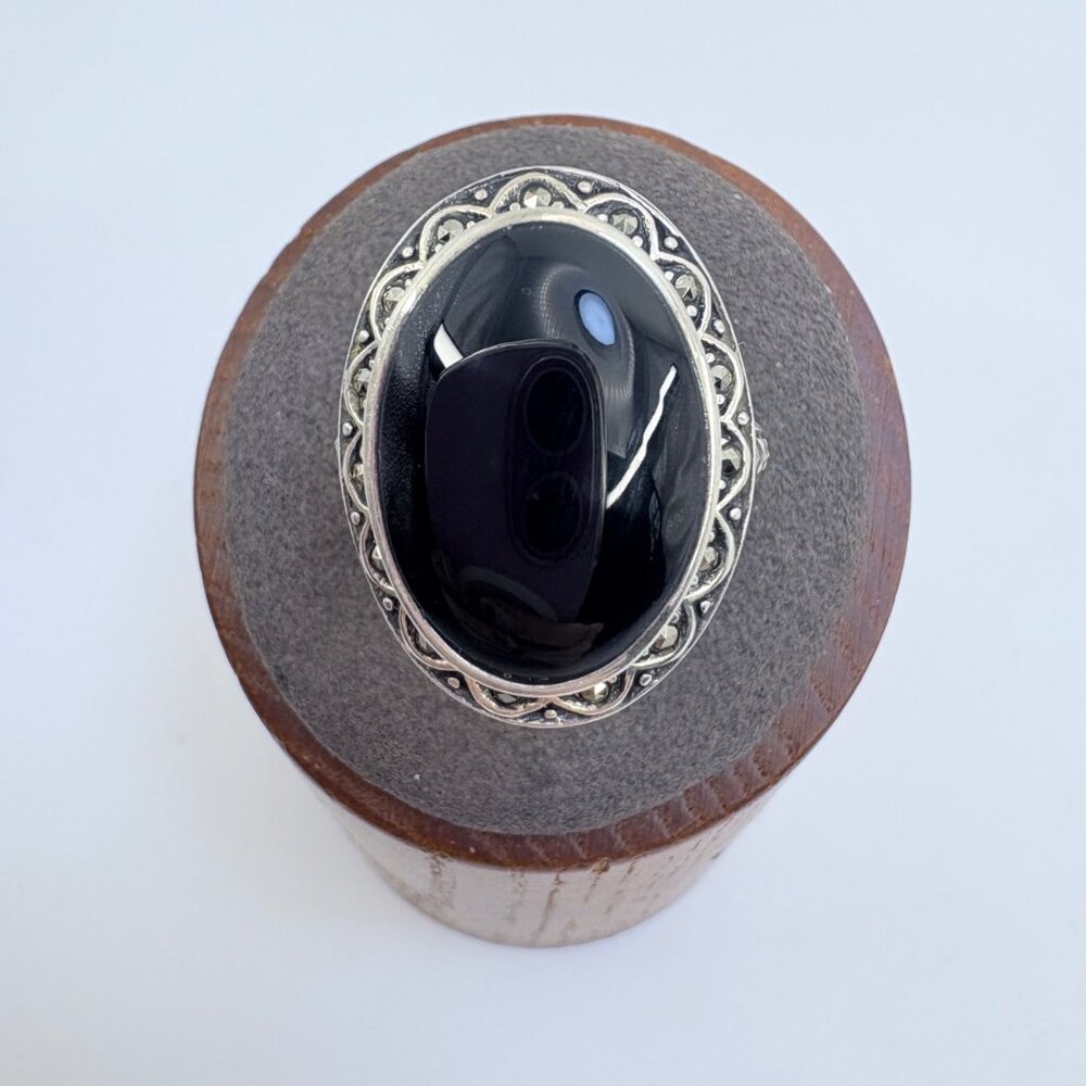 Black Onyx Bezel Set Statement Ring VTG Solid Sterling Silver 925 Size 7.5